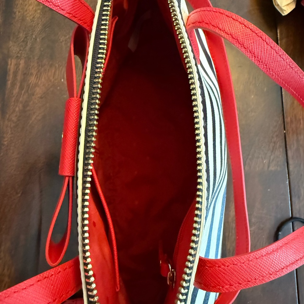 Kate Spade Black and White Striped Satchel with Red Accents - Picture 4 of 8